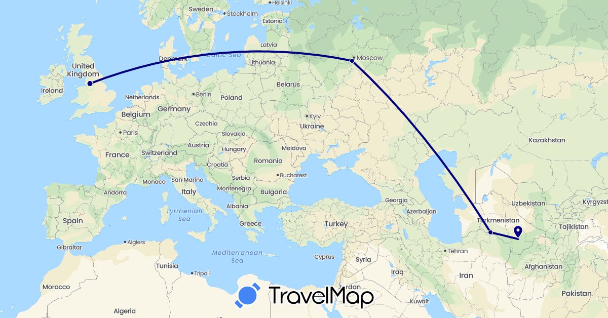 TravelMap itinerary: driving in United Kingdom, Russia, Turkmenistan (Asia, Europe)